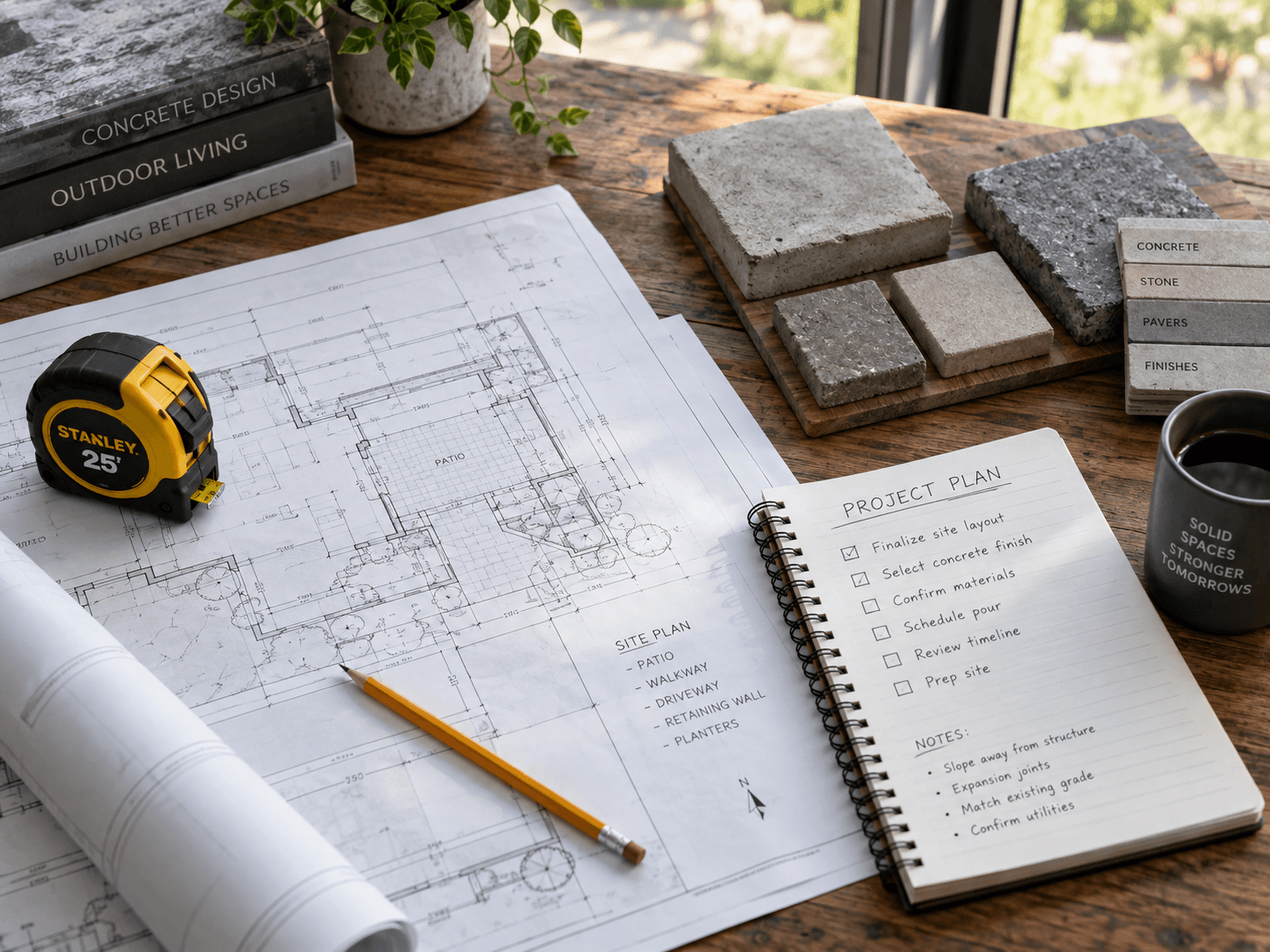 Construction drawings and concrete samples on a planning table