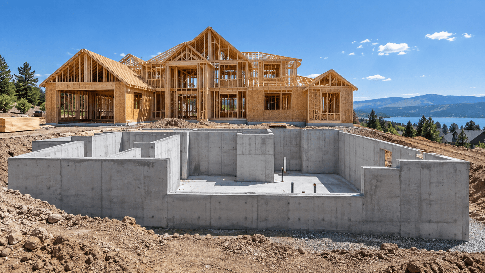 New home framing above a concrete foundation